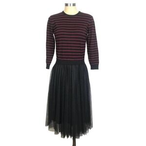 English Factory Black/Red Stripe Midi Sweater Dress With Tulle Skirt L